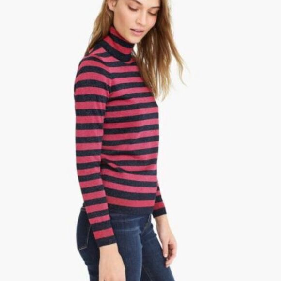 J. Crew Sweaters - New J crew Turtleneck sweater in sparkle stripe Pink/ navy Extra Large XL